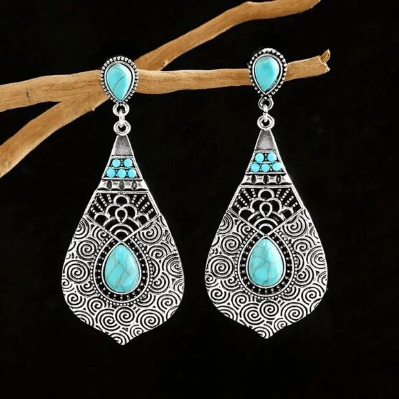 Bohemian Western Teardrop Turquoise Dangle Earrings - Picture 1 of 6